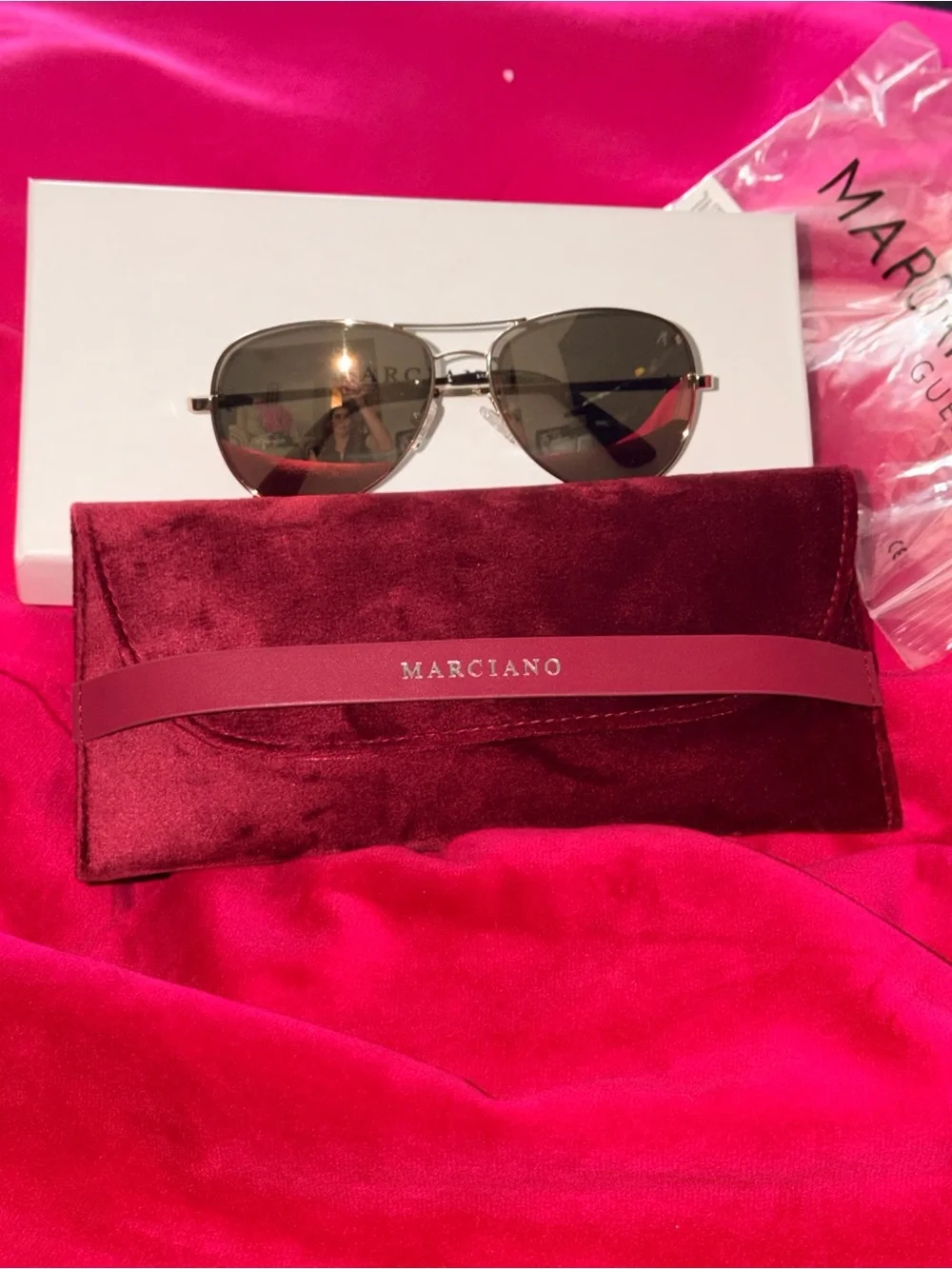 Marciano Gold Aviator Sunglasses with Burgundy Velvet Case and box